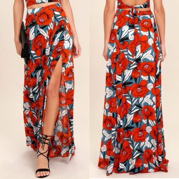 LULUS Back to Your Roots Red Floral Print Maxi Skirt Vacation Cruise Tropical - Picture 1 of 12